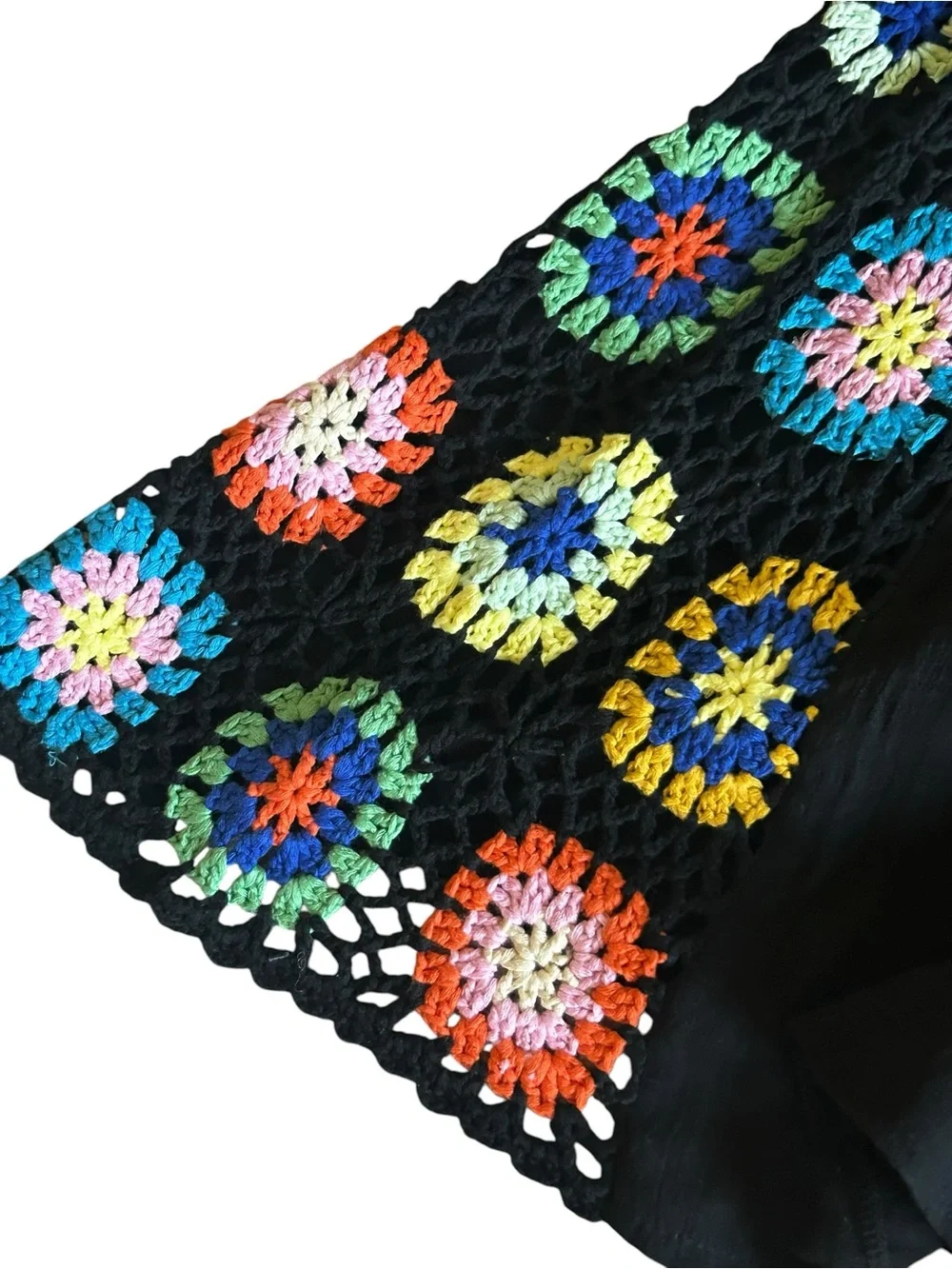 Elan Black Wide-Leg Pants with Vibrant Multicolor Crochet Panels NWT - Picture 6 of 11